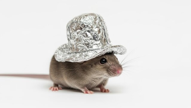 mouse wearing a tinfoil hat, paranoid, paranoia, on a white background, animal photo