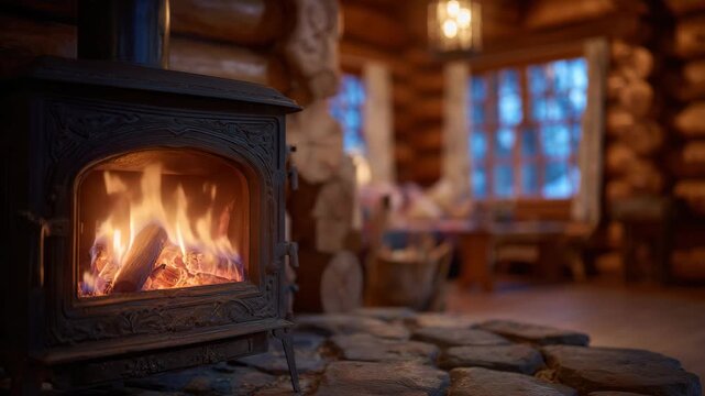 Rustic wood-burning stove with visible embers, iron surface glistening in golden light, cozy cabin interior background