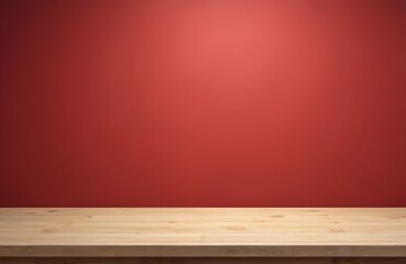 Wooden table surface with a vibrant red background creates a bold contrast. This visual is suitable for product display and mockup designs. It is ideal for showcasing various items.