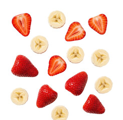 Fresh strawberry and banana arrangement bright top-down isolated on transparent background