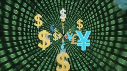 Abstract digital tunnel of global currency symbols accelerating financial growth concept - Powered by Adobe