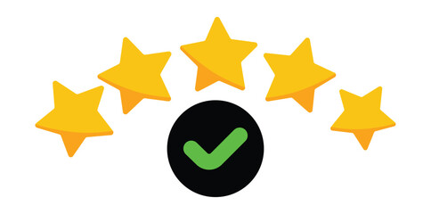 Five yellow stars arranged over a black circle with a green check mark on a white background plain view