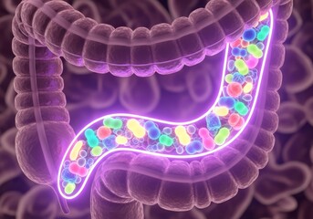 3D cross-section healthy human intestine with colorful microbiome bacteria. Medical illustration digestion probiotics immunity concept. Ideal healthcare apps wellness blogs science education.