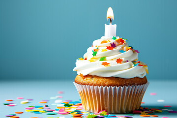 Colorful cupcake with icing and a candle celebrates a special occasion