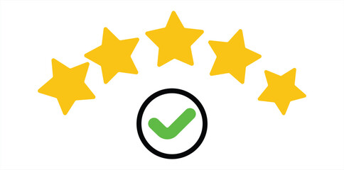 Five yellow stars above a black circle with a green checkmark on a white background illustration
