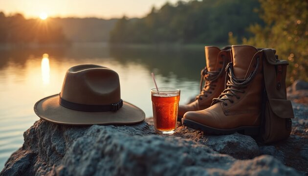 Hat boots and drink set on rock near water at sunset. Outdoor adventure gear. Rest break by lake or river after journey. Serene natural setting.