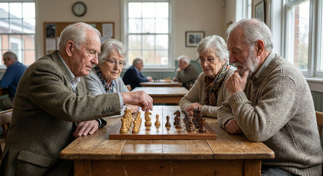 elderly couple playing chess