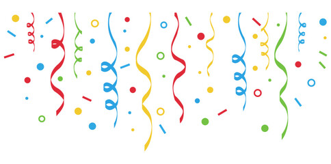 A festive array of colorful streamers and confetti floating against a white background celebration decor