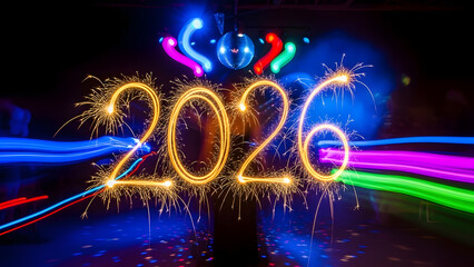 Happy new year 2026 celebration with sparklers and colorful neon light painting