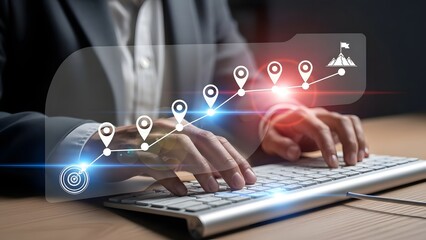 Businesswoman typing with digital location pins and growth chart overlay