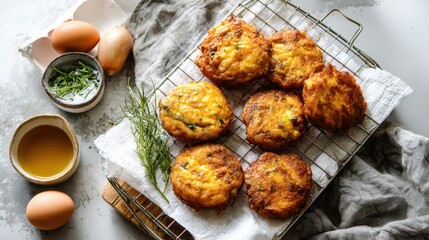 Delicious homemade potato pancakes with fresh herbs and onions on rustic cooling rack,National Fritters Day