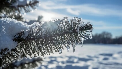 A macro shot of delicate snowflakes on a frosty pine branch. Bright natural light highlights the intricate ice crystals against a muted blue sky, capturing winter's serene beauty.