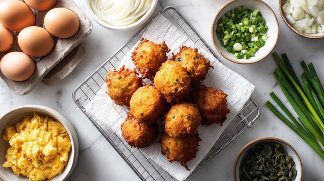 Delicious home cooking with egg and onion fritters on a marble countertop,National Fritters Day - Powered by Adobe