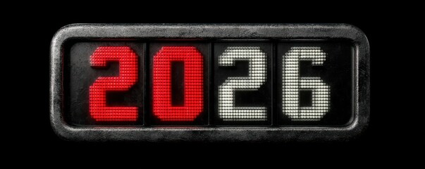 Digital year counter shows 2026 in red digits on a black metal frame