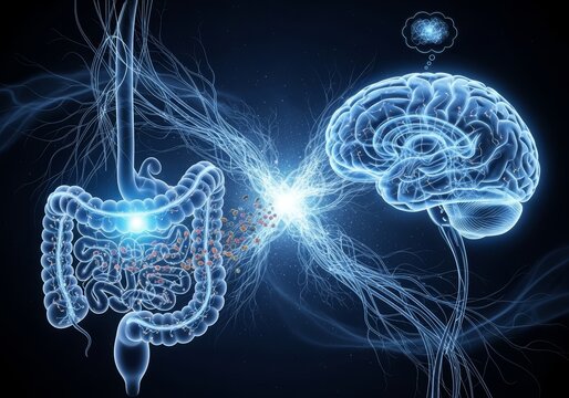 Futuristic 3D Gut-Brain Axis, showing neural connection between glowing human brain and digestive system. Concept of mental health, probiotics, vagus nerve communication, microbiome influence on psych