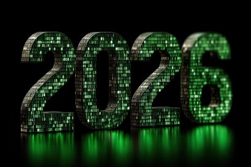 Glowing green binary digits shape the year 2026 on a dark background, futuristic digital art