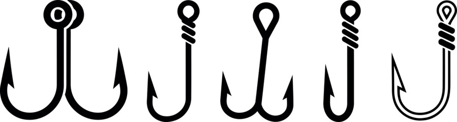 Assortment of fishing hooks in black isolated on transparent background