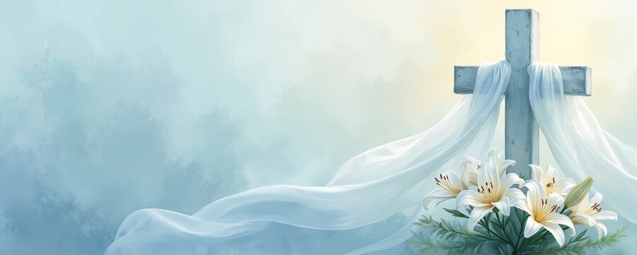 Christian cross draped with flowing white fabric stands against serene ethereal sky. Fresh white lilies bloom below crucifix. Art Easter resurrection, hope, new life, spiritual rebirth for faith. - Powered by Adobe