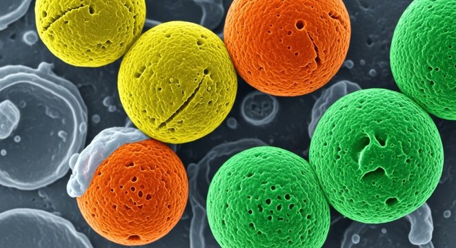 scanning electron microscope image pollen grains or bacteria cells. Vibrant textured spheres macro background. Ideal allergy research, microbiology science, medical presentations.