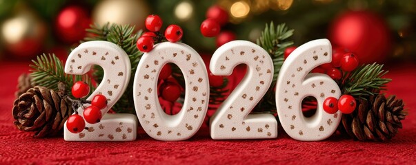 White 2026 numbers on a red tablecloth with pine cones, holly, and festive evergreens