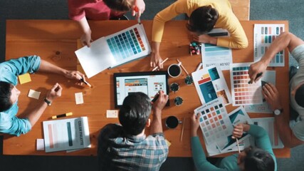 Time lapse of business people working together to design web design. Aerial view of designer brainstorming and discussing about website interface and looking at tablet with digital design. Symposium. - Powered by Adobe