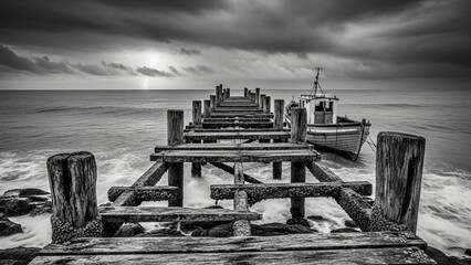 An old weathered wooden pier stretching out into the sea with a fishing boat.