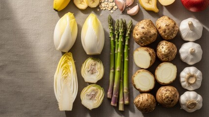 Flat lay arrangement prebiotic foods chicory asparagus artichokes garlic bananas beige linen. Healthy gut nutrition concept for diet plans wellness blogs food magazines.