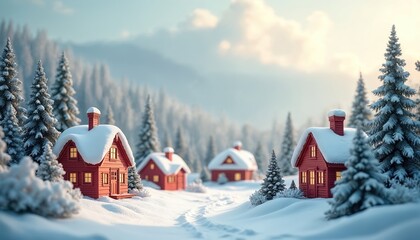 Naklejka premium Illustration of winter village scene with snow covered houses fir trees. Cozy red houses are nestled in snow among the snowy pine forest. Winter wonderland landscape.
