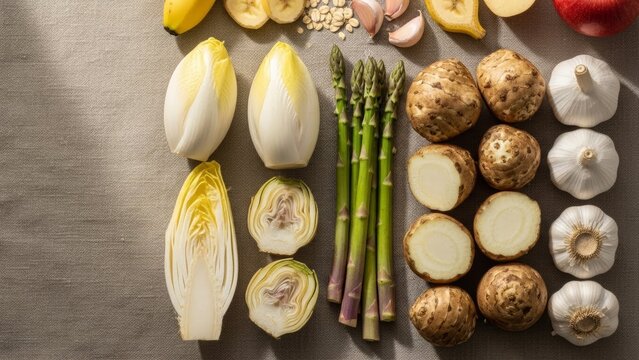Flat lay arrangement prebiotic foods chicory asparagus artichokes garlic bananas beige linen. Healthy gut nutrition concept for diet plans wellness blogs food magazines.