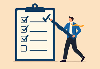 Checklist to complete project task, accomplish work checkmark, todo list clipboard or project status report, plan to finish work concept, business people holding pencil complete task checkbox