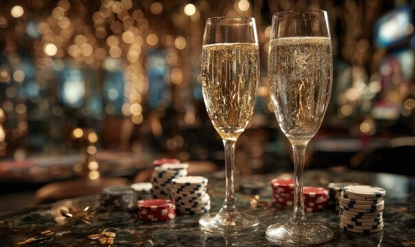 Two champagne glasses with sparkling bubbles sitting on a table with poker chips, celebrating a festive and luxurious event - Powered by Adobe