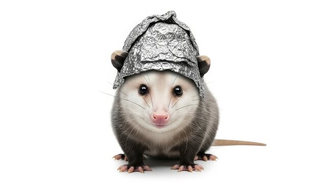 Opossum Wearing a Tinfoil Hat on White Background