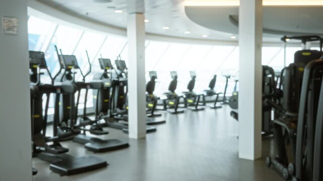 Blurred gym showing defocused cardio machines and shallow bokeh across an empty workout floor interior; background backdrop copyspace.