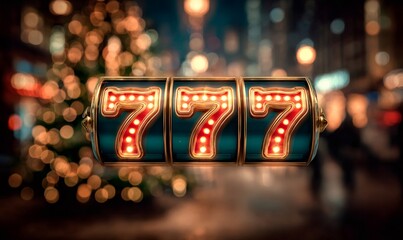 Winning triple seven on slot machine reels against blurred christmas lights, representing luck, gambling and holiday joy
