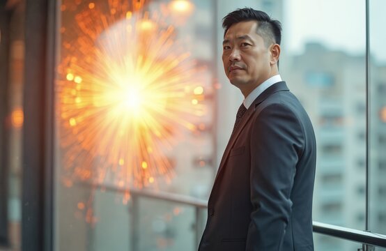 Asian business man in suit looks toward camera. Chinese male stands near window with cityscape background. Serious pro portrait in modern office setting.