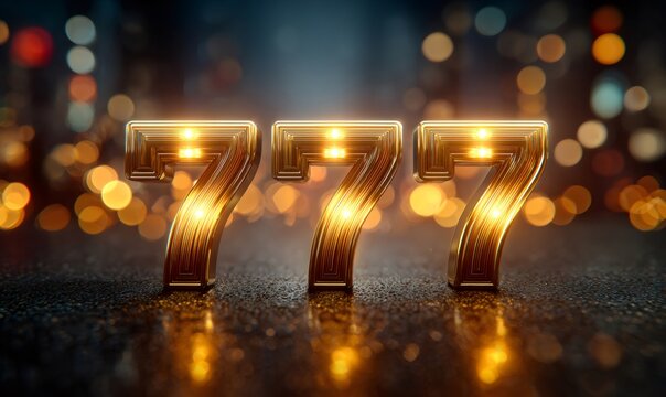 Golden lucky 777 numbers symbolizing a jackpot win, gambling success, fortune, and good luck in a casino or gaming concept