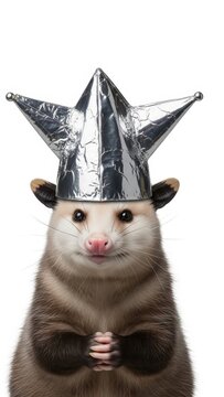 opossum wearing a tinfoil hat, paranoid, paranoia, on a white background, animal photo