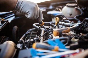 Car mechanic working with motor of a car.