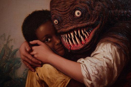 Old Illustration/Photo of Humanoid hug child