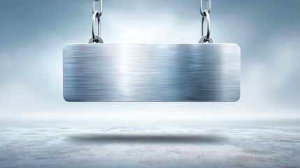 Hanging brushed steel signboard suspended by chains in a clean illuminated studio environment ideal for branding display or industrial concepts, Generative AI