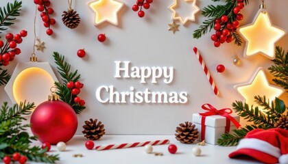 Festive Christmas Decorations with Ornaments, Pine Cones, Candies, and Star Lights for Joyful Holiday Celebrations
