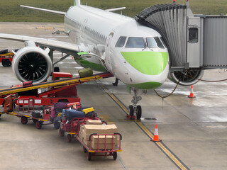 loading luggage onto a passenger plane at the airport