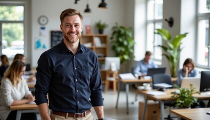 Confident Businessman Smiling in Modern Office with Colleagues Working in Background