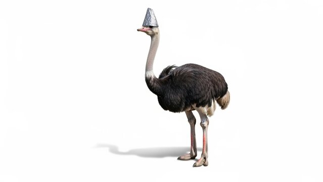 ostrich wearing a tinfoil hat, paranoid, paranoia, on a white background, animal photo
