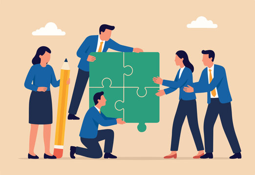 Collaboration work together to solve problem, teamwork unite together to achieve success, connected people or community help finding solution concept, business people team succeed solve jigsaw puzzle