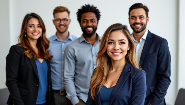 Group of diverse professionals posing together in a modern office environment with bright natural light and stylish attire - Powered by Adobe