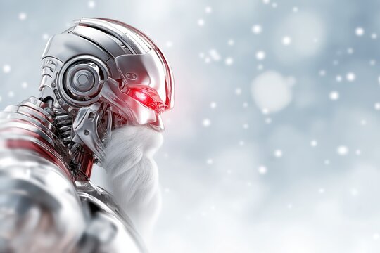 Futuristic cyborg Santa with metallic armor glowing red eyes and a flowing cyber beard creating a bold imaginative and dramatic sci fi holiday character, Generative AI