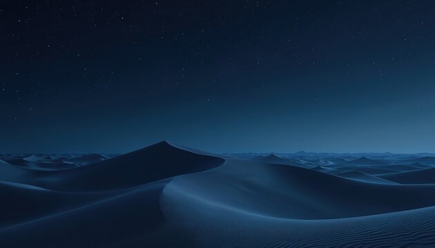 Illustration of desert landscape at night. Sandy dunes under a starry sky. Minimalist scene depicts the beauty of nature. Serene, calm vibe evokes feelings of peace.