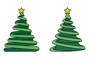 Vector Illustration Set of Abstract Christmas Tree Made of Layered Green Ribbons or Swirls with Gold Star Topper, Modern Holiday Icon