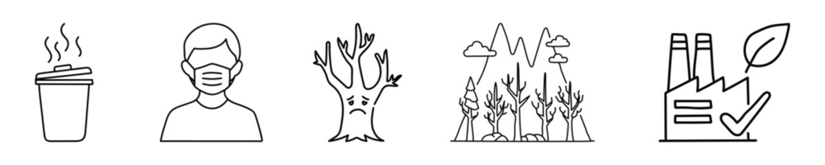 Stylized line art illustrations of impact of pollution on nature and human health